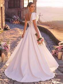 Glamrae Elegant White Glossy Satin Minimalist Asymmetric Shoulder Ruffle Sleeve Fitted Ruched Bodice High Waist Oversized A-Line Skirt With Train Side Slit - White - View 5