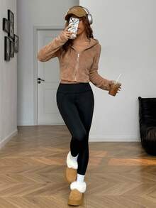 SHEIN EZwear 女款連帽拉鍊休閒百搭日常夾克 - 卡其色 - 查看 3