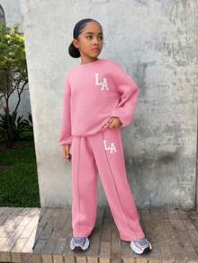 SHEIN 少女休閒「LA」字母印花針織純色寬鬆落肩長袖衛衣與百褶寬腿運動褲套裝，女孩秋季服飾，女孩秋季穿搭，女孩冬季服飾 - 粉色 - 查看 9