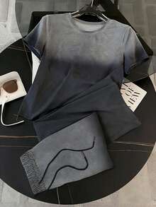 Resyla Camiseta de manga corta con cuello redondo de ajuste regular + Pantalones de pierna recta con bolsillos en diagonal - Gris - Ver 4