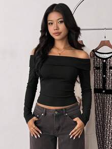 SHEIN Pink Knit Off Shoulder Casual Bodycon Long Sleeve T-Shirt For Teenage Girls, Street Style - Black - View 3