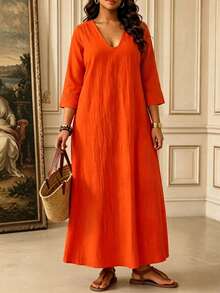 SHEIN LUNE CURVE Plus Size Solid Color Washed Cotton Casual 3/4 Sleeve Dress, Autumn/Winter Vacation Outfit, Casual Holiday Wear, Outing Dress Fall - Orange - View 3
