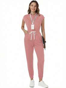 TaskEZ Solid Color Drawstring Waist Scrub Uniform Jumpsuit - Pink - View 6