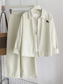 SHEIN 2件組女孩大童上衣套裝，休閒日常度假風，寬鬆長袖襯衫＋休閒寬鬆寬腿褲，杏色條紋 - 彩色 - 查看 4
