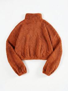 SHEIN EZwear 女款半拉鍊白色刷毛字母貼布設計運動衫，適合夏日穿搭及秋冬穿著 - 鏽棕色 - 查看 2