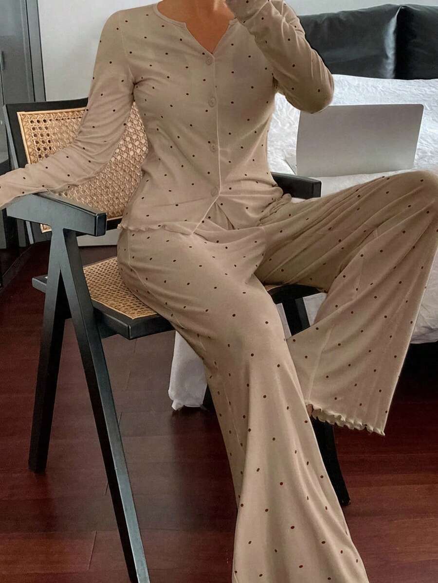 DAZY Women's Polka Dot Print Button Long Sleeve Top And Frill Trim Long Pants Pajama Set - Khaki - View 1