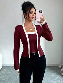 Elenzga 女款對比色內層長袖開襟衫休閒日常套裝 - 彩色 - 查看 5