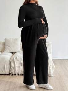 Plussiva 大尺碼孕婦純色長袖連身褲 - 黑色 - 查看 4