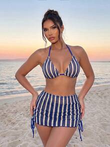 Sirith 女士三件套比基尼泳装，性感休闲条纹泳装，适合海滩、海岛、泳池派对，钩针编织比基尼套装 - 寶藍色 - 查看 1