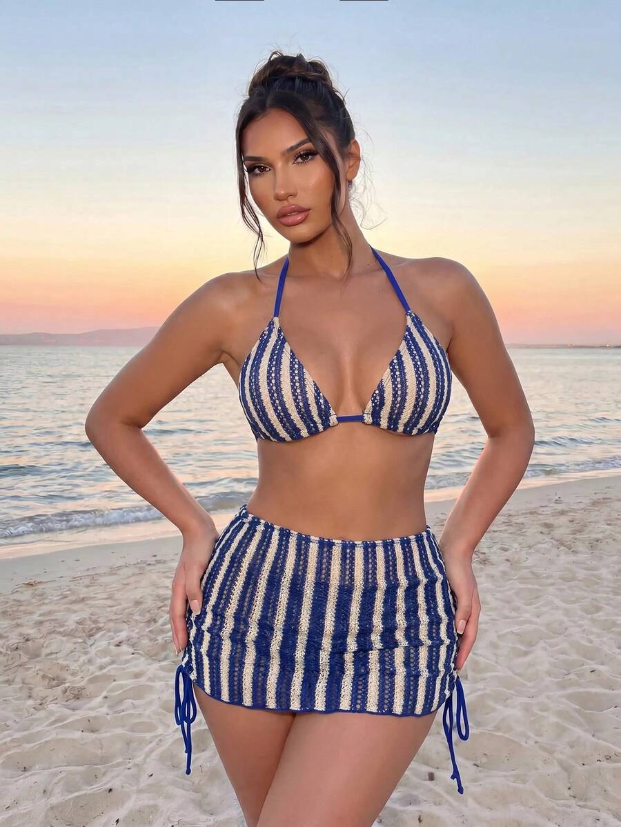 Sirith 女士三件套比基尼泳装,性感休闲条纹泳装,适合海滩、海岛、泳池派对,钩针编织比基尼套装 - 寶藍色 - 查看 1