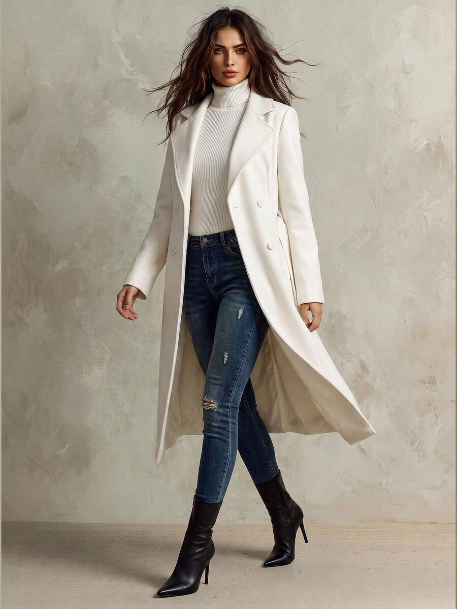 Franclia Chaqueta regular de mujer de unicolor con bolsillos laterales y doble botonadura - Blanco - Ver 1