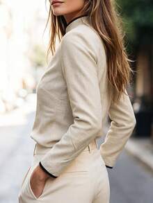 SHEIN Damen-Bluse aus französischem Leinen mit langen Ärmeln, schwarzer und beiger Kontrastsaum, Stehkragen, lässiges elegantes Brunch-Top für den Herbst - Aprikosenfarben - Übersicht 5