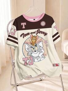 TOM & JERRY X SHEIN Plus Size Colorblock Cartoon Graphic Round Neck Short Sleeve T-Shirt, Summer - White - View 1