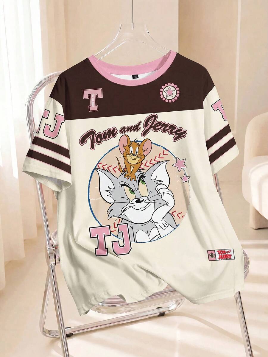 TOM & JERRY X SHEIN Plus Size Colorblock Cartoon Graphic Round Neck Short Sleeve T-Shirt, Summer - White - View 1