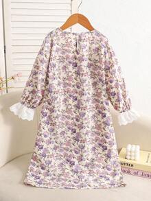 SHEIN 女童寬鬆休閒刺繡飾邊拼接紫色花卉梭織長袖蝴蝶結居家服淺紫色秋冬套裝 - 淡紫色 - 查看 3