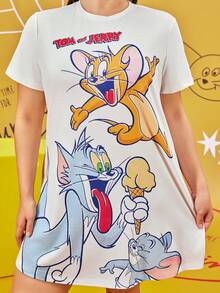 TOM & JERRY X SHEIN 大码卡通字母印花短袖舒适睡裙，夏季 - 白色 - 查看 4