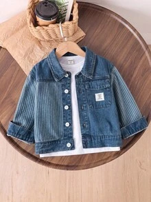 SHEIN 小男孩牛仔夾克，柔軟水洗淺藍條紋街頭時尚上衣外套，適合街拍、開學季、派對 - 藍色 - 查看 10
