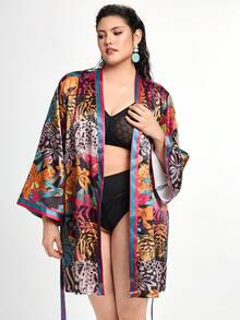 Slumbrini Plus Size Tiger Plant Pattern Contrast Stripe Satin Robe - Multicolor - View 4