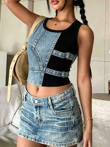 INAWLY Solva Women's Denim Effect Print Crew Neck Casual Cropped Tank Top - Multicolor - View 3
