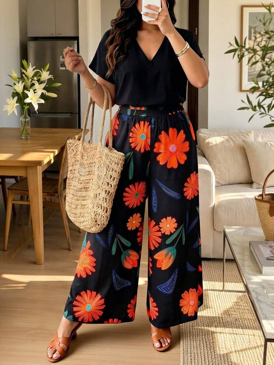 Ceyna 大尺碼女款休閒花卉印花蝙蝠袖連身褲/AB布料拼接連身褲/2026夏季新款連身褲/適合海灘/休閒/度假/日常穿著/辦公室/2026新款連身褲 - 彩色 - 查看 1