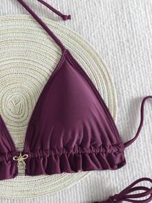 Livesso Set Pakaian Renang Bikini Dua Potong Seksi Modis untuk Liburan Musim Panas Wanita, Warna Polos, Model Halter dengan Hiasan Ruffle, Cocok untuk Pantai dan Liburan. - Rose Red - View 4