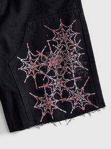 ROMWE MEN Pantalones cortos de mezclilla cargo con estampado y ajuste holgado para hombre - Negro - Ver 2