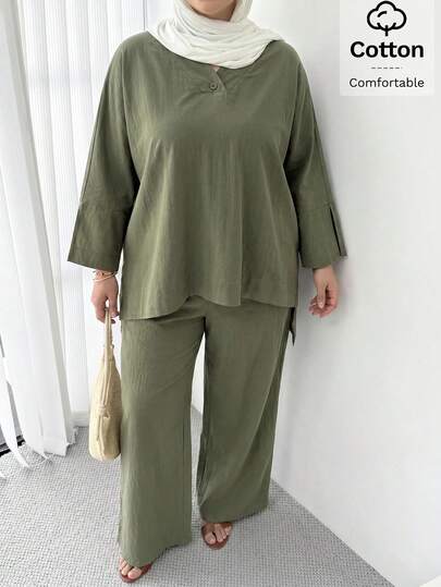 Solavon Plus Size Solid Green Shirt And Pants 2 Pieces Set