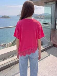 Elladie kids 青少年女孩純色圓領短袖蕾絲下擺T恤 - 玫紅色 - 查看 2