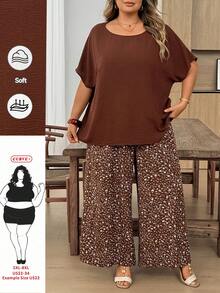 SHEIN CURVE+ Curve 尺码 US22 音乐节、海滨度假、波西米亚风两件套女士度假宽松衬衫和碎花长裤套装 夏季套装 - 棕色 - 查看 8