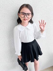 SHEIN 年轻女孩复古宽松彼得潘领衬衫，带荷叶边下摆袖子 - 白色 - 查看 6