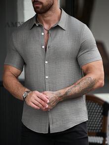 Manfinity CasualCool Men's Textured Fashion Holiday Single-Breasted Short Sleeve Shirt - Army Green - View 3