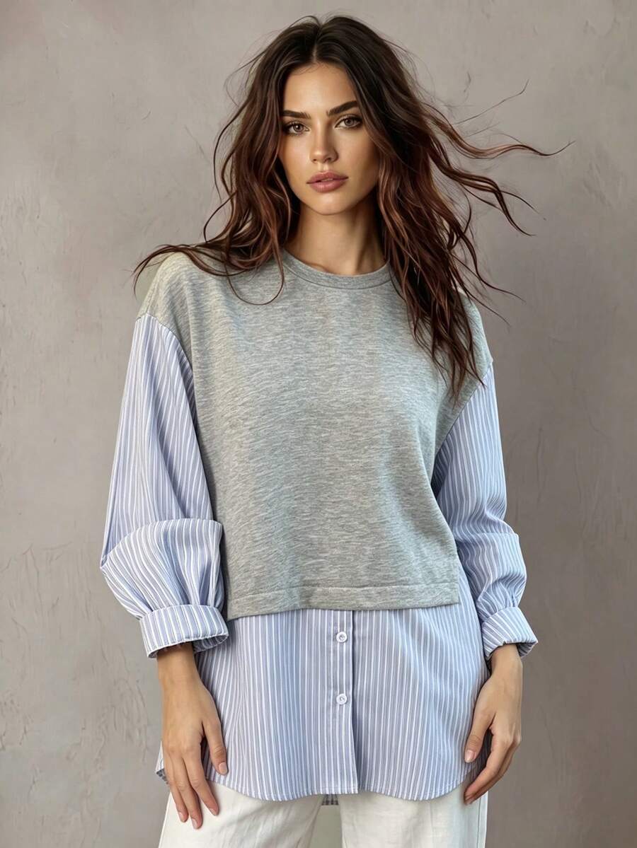 Franclia 女式圆领长袖条纹印花拼布运动衫，秋季服装 - 彩色 - 查看 1