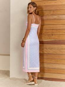 CAJUNI Women's Geometric Pattern Print Striped Color Block Tie Strap Cami Dress For Vacation Beach Vacation White And Blue Summer Tropical - Baby Pink - View 2
