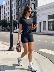 SHEIN Sports Casual Athleisure Athletic Basic Versatile Round Neck Short Sleeve Sports T-Shirt For Outdoor Gym Workout Fitness Black Summer - Black - View 7