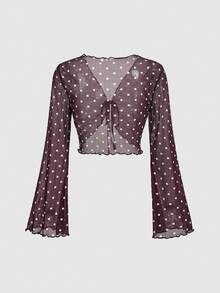 SHEIN MOD 女款波點印花喇叭袖短版上衣 - 黑色 - 查看 4