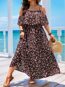 SHEIN LUNE Plus Size Vacation Casual Ditsy Floral Off-Shoulder Spaghetti Strap Dress Beach Vacation White - Multicolor - View 1