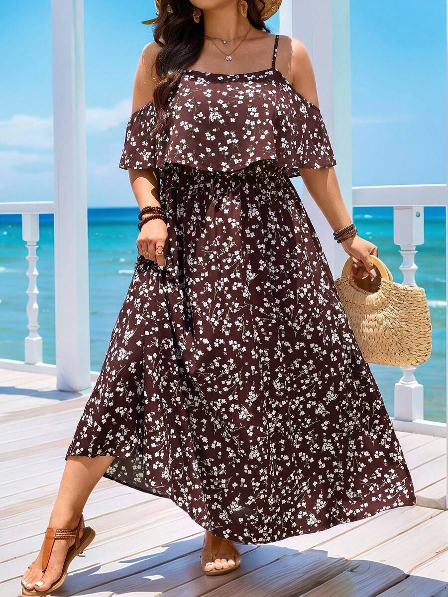 SHEIN LUNE Plus Size Vacation Casual Ditsy Floral Off-Shoulder Spaghetti Strap Dress Beach Vacation White - Multicolor - View 1