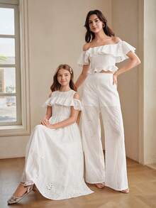 Anewsta Vestido blanco de verano para niñas con bordado, calado, estilo princesa, línea A, volantes, hombros descubiertos, top sin mangas, para niña preadolescente - Blanco - Ver 4
