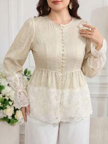Solavon Plus Size Sweet French Style Button Lace Patchwork Flared Cuff Blouse - Beige - View 7