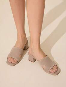 CUCCOO BASICS Ladies Coarse Heel Open Toe Sexy Commuter Fabric Summer Breathable Mules High Heel Sandals Apricot - Apricot - View 7