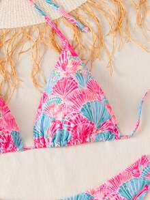 SHEIN Swim 2025夏季海灘度假女款純色掛脖綁背上衣 + 打結三角比基尼上衣 + 褲頭 3件套 嬰兒粉 熱帶性感 - 彩色 - 查看 4