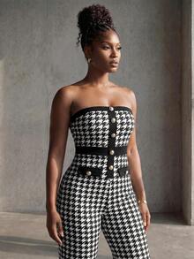 BamGlimmer Women Houndstooth Print Bandeau Jumpsuit - Black and White - View 5