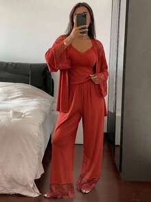 DAZY 3-Piece Women's Lace Patchwork Camisole, Robe And Long Pants Pajama Set - Orange - View 5
