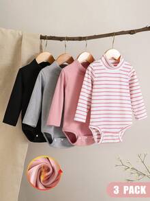 SHEIN Vintaside Kids 嬰兒幼兒秋冬半高領內搭套裝，寶寶內著/外著長袖黑色、粉色、灰色、條紋內衣與上衣4件套，柔軟親膚四季百搭款 - 彩色 - 查看 3