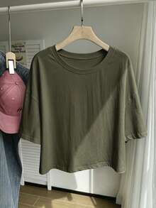 Comfortcana Solid Olive Green Dropped Shoulder Casual Cropped Plus Size T-Shirt - Army Green - View 3