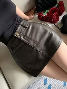 DAZY 女款 PU 皮革裙，時尚街頭休閒音樂節風格，春夏秋季適用 - 橄欖綠 - 查看 7
