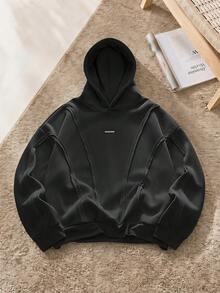 SWAVVY Men's Casual Fashionable Street American Deconstructed Curved Split Hoodie - Black - View 1
