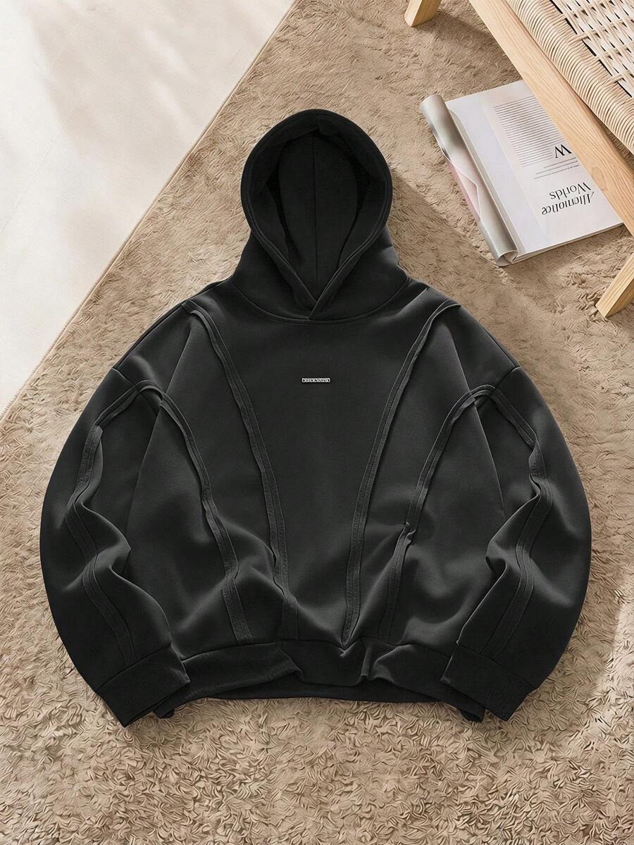 SWAVVY Men's Casual Fashionable Street American Deconstructed Curved Split Hoodie - Black - View 1