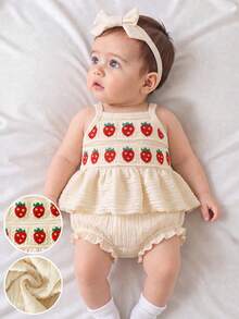 SHEIN Newborn Baby Girl Summer New Style Printed Pattern Cute Triangle Bib Set With Headband - Apricot - View 5