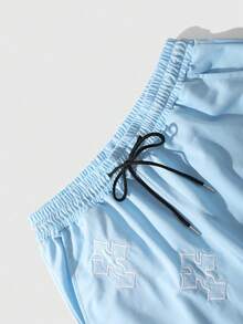 ROMWE MEN Plus Size Men's Casual Versatile Embroidered Drawstring Waist Pocket Shorts - Blue - View 6